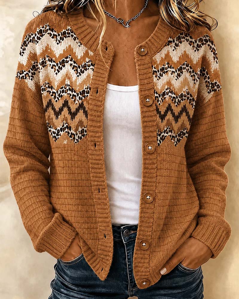 Cardigan Boutonné Léopard Rayures Ondulées