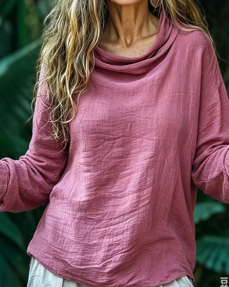 Blouse Col Drapé Décontractée Unie Manche Longue