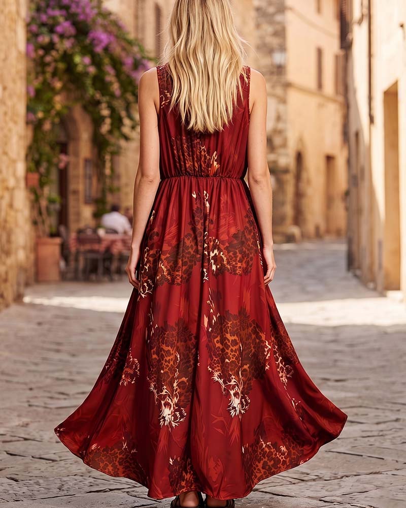 Robe Col V Léopard Bohémienne Bretelle Spaghetti Maxi