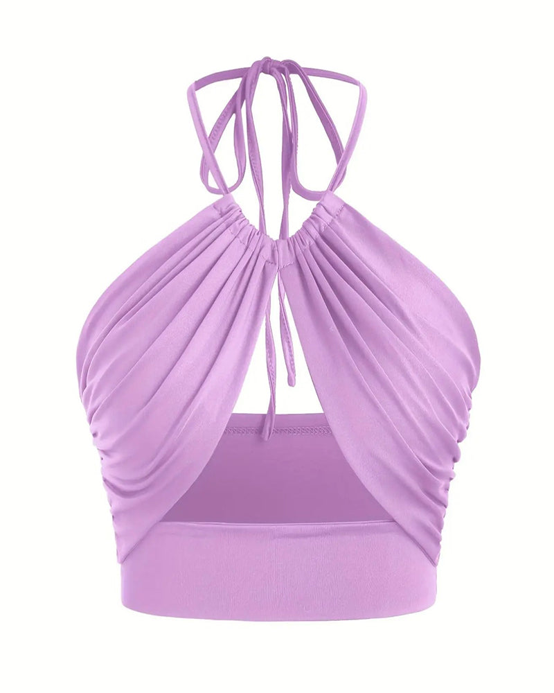 Cami Top Femme Froncé Nœud Dos Col Halter Court
