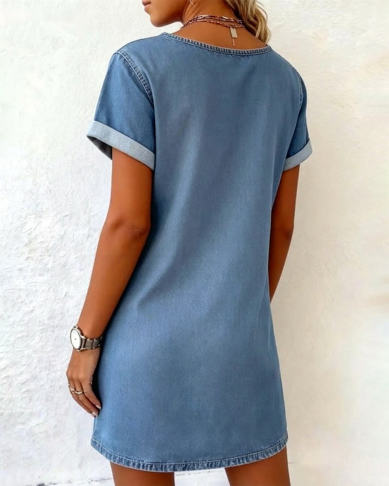 Robe Denim Col V Manches Courtes Shift