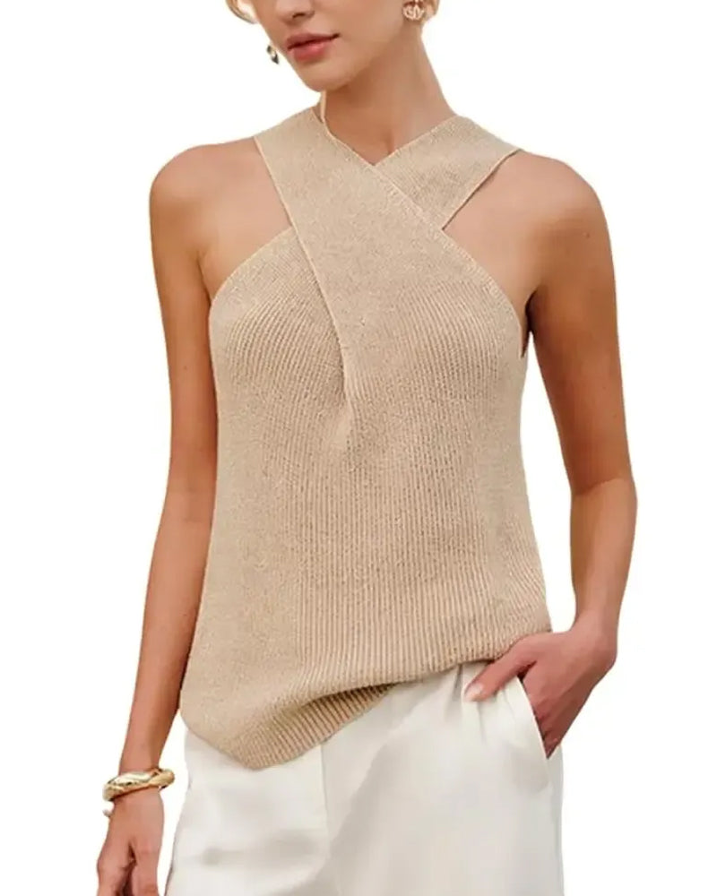 Haut Femme Halter Col Croisé Débardeur Tricot Sans Manches