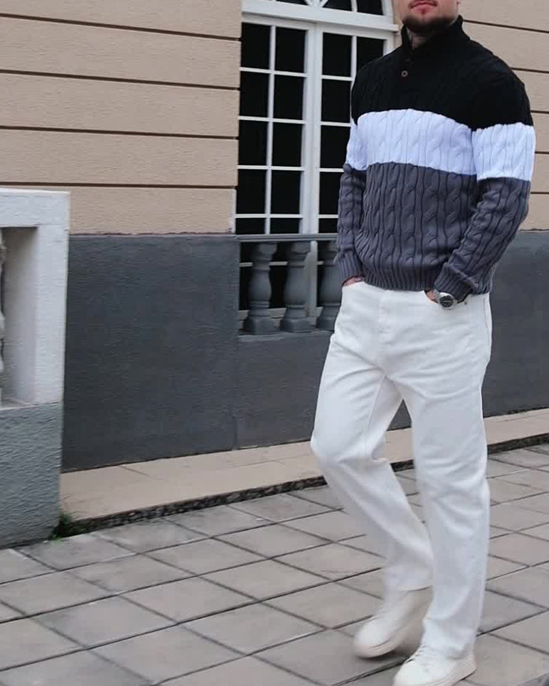 Pullover Col Haut Bouton Contraste Homme