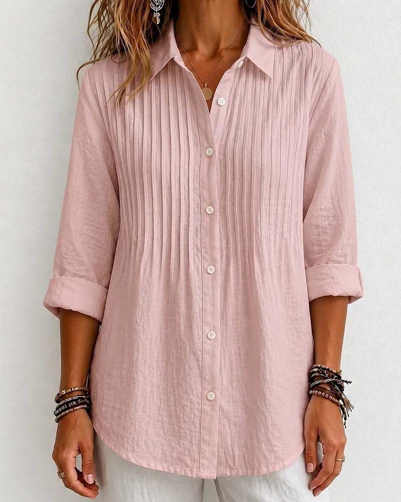 Chemise Col V Plissée Boutons Manches Longues