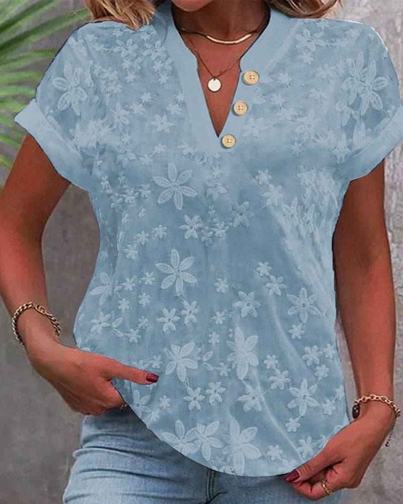 Blouse Simple Décontractée Unie Col En V Manches Courtes