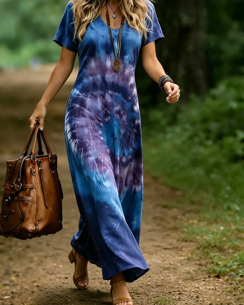 Robe Col-V Contraste Dégradé Évasée