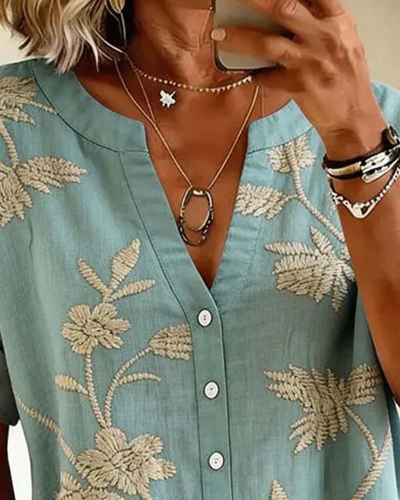 Blouse Col-V Imprimée Manches Courtes