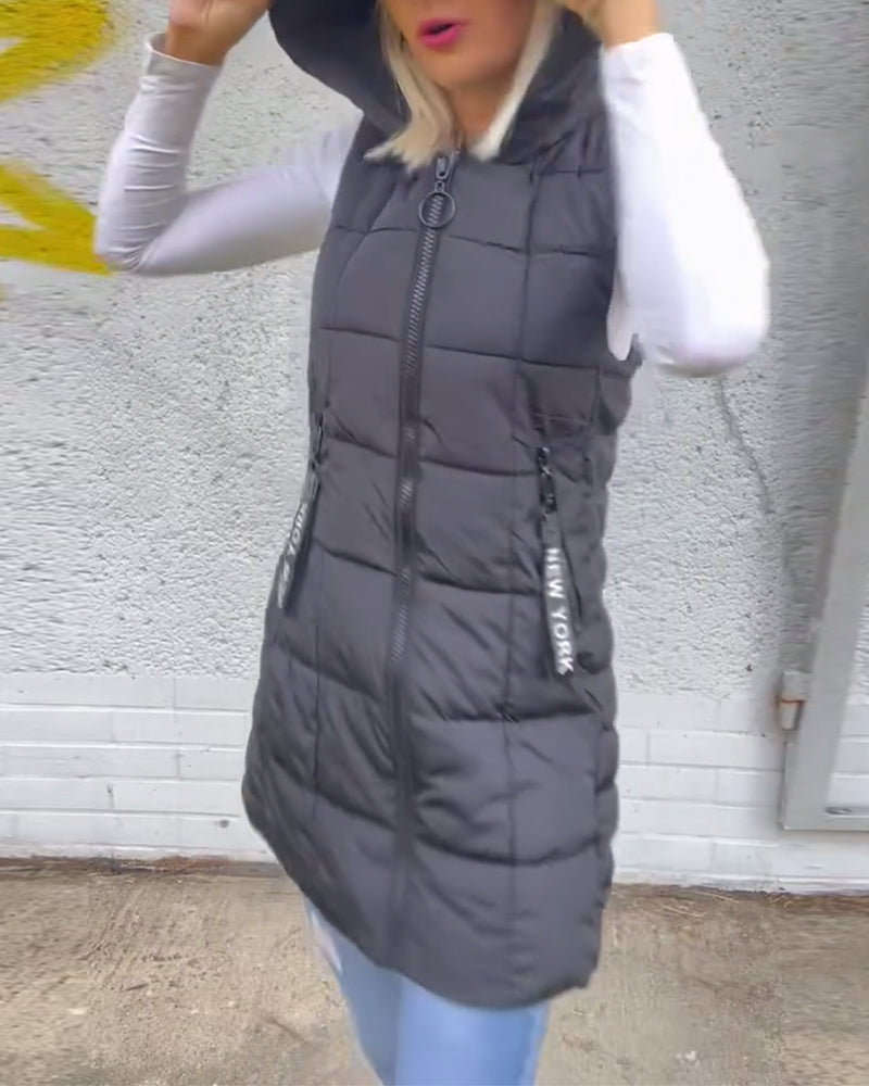 Manteau matelassé sans manches à capuche et fermeture éclair