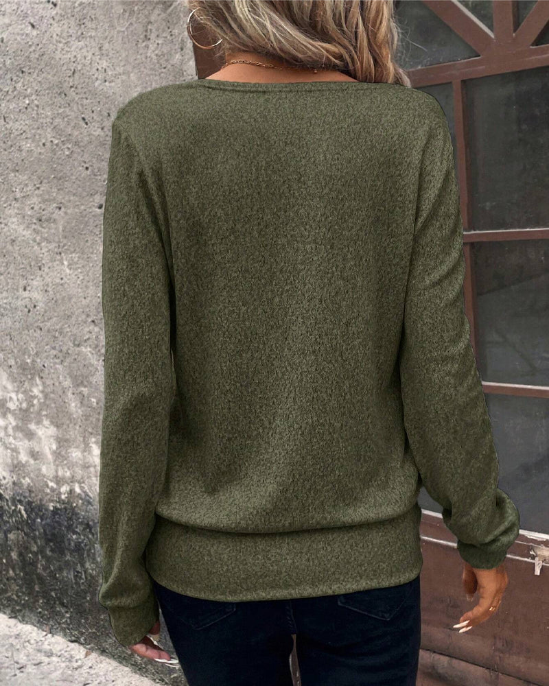 Sweat-shirt décontracté à manches longues et col carré de couleur unie
