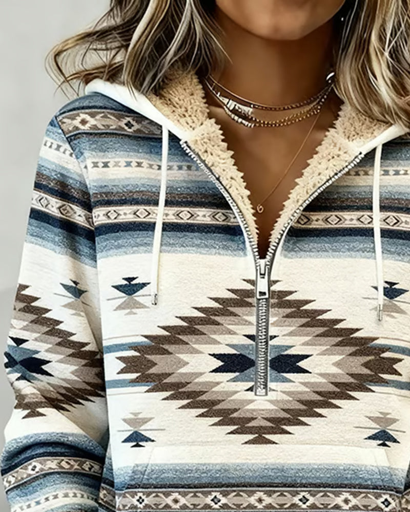 Sweat-shirt à capuche demi-zip imprimé rétro