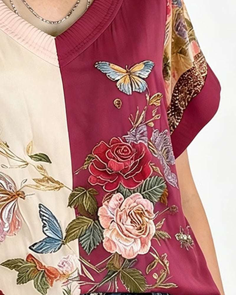 Blouse Col V Asymétrique Patchwork Floral
