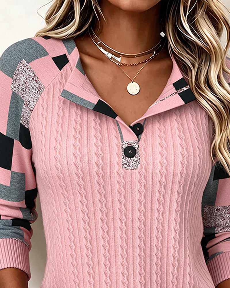 Sweat-Shirt Blocs De Couleurs Col Henley Manches Longues Boutonné