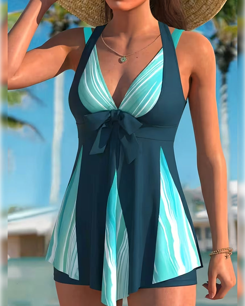 Tankini Halter Profond V Nœud Jupe