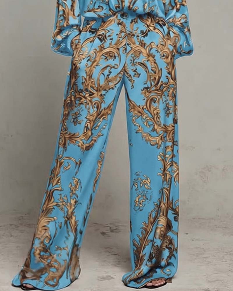 Ensemble Col En V Manche Lanterne Large Jambe Pantalon