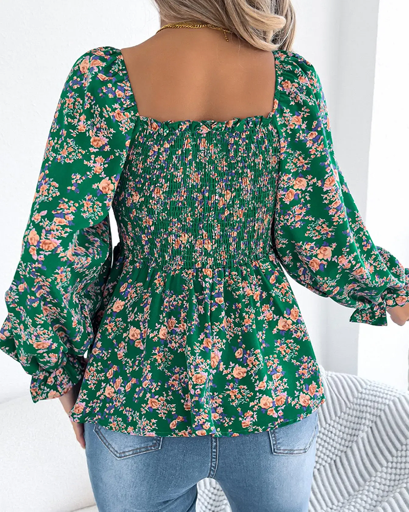 Blouse Col Carré Froncée Fleurie Volant