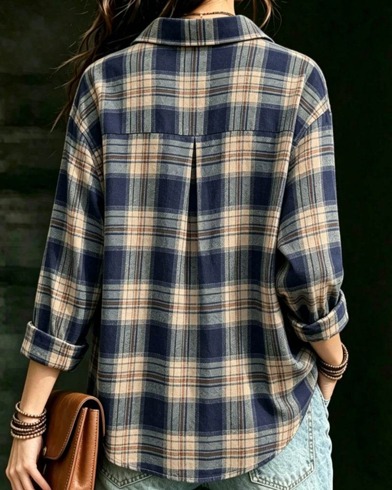 Blouse Col À Carreaux Manches Longues