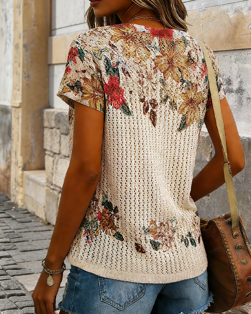 Knit Top Découpé Floral Manche Courte