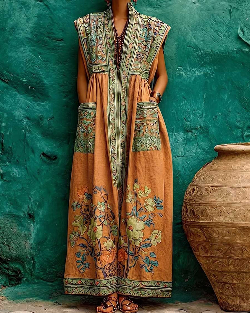 Robe Rétro Imprimé Poche Sans Manches Longue