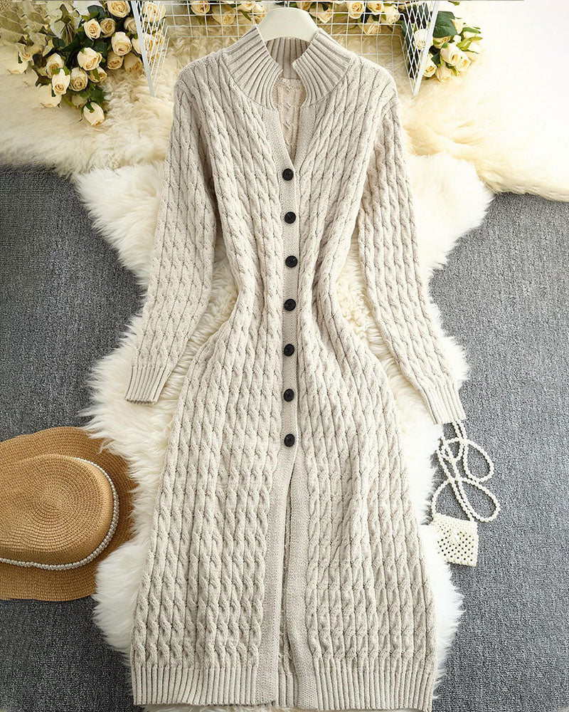 Cardigan Col Montant Tresse Bouton Long