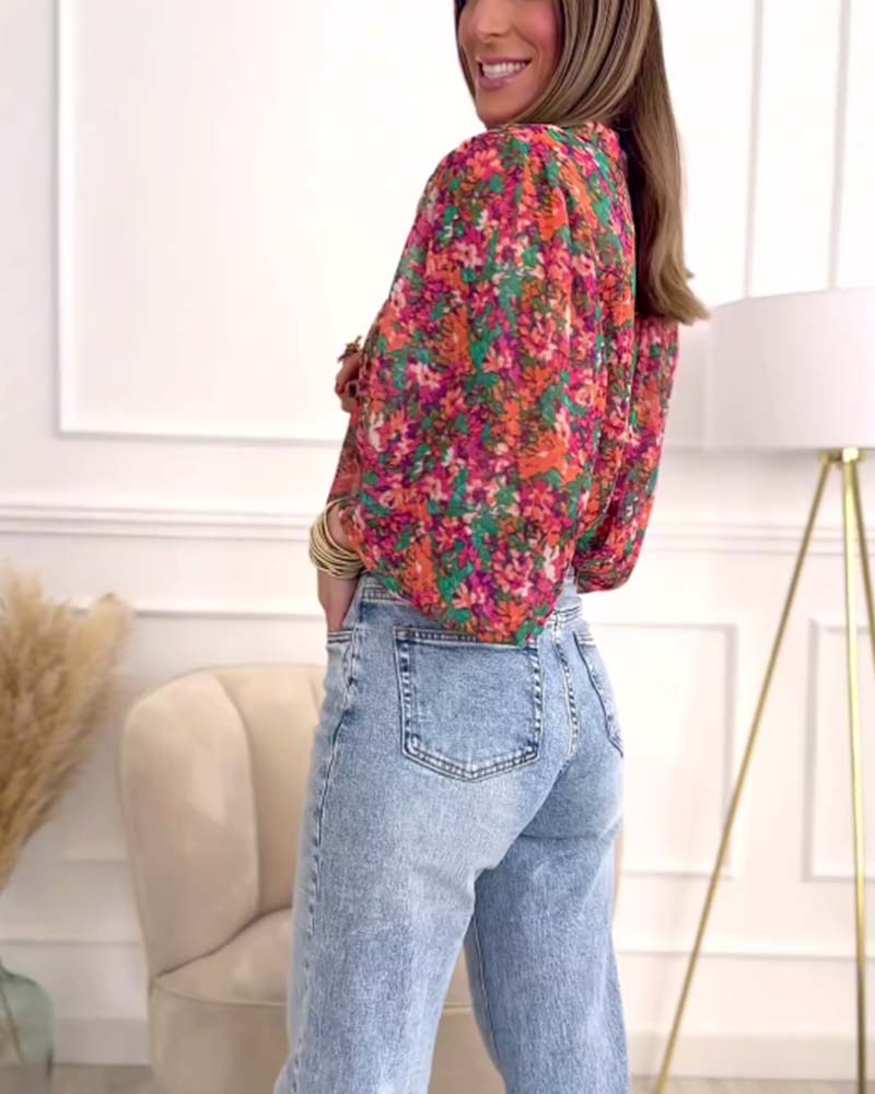 Chemise boutonnée imprimée à manches bouffantes