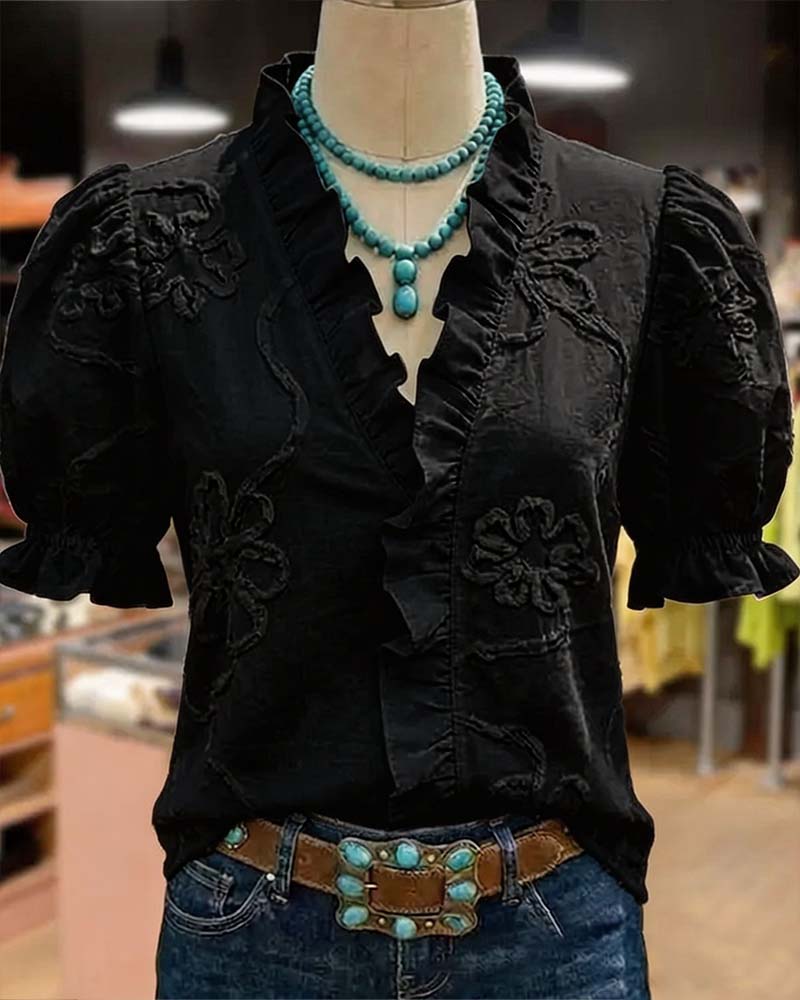 Blouse Col En V Bordure Volantée Manche Bouffante