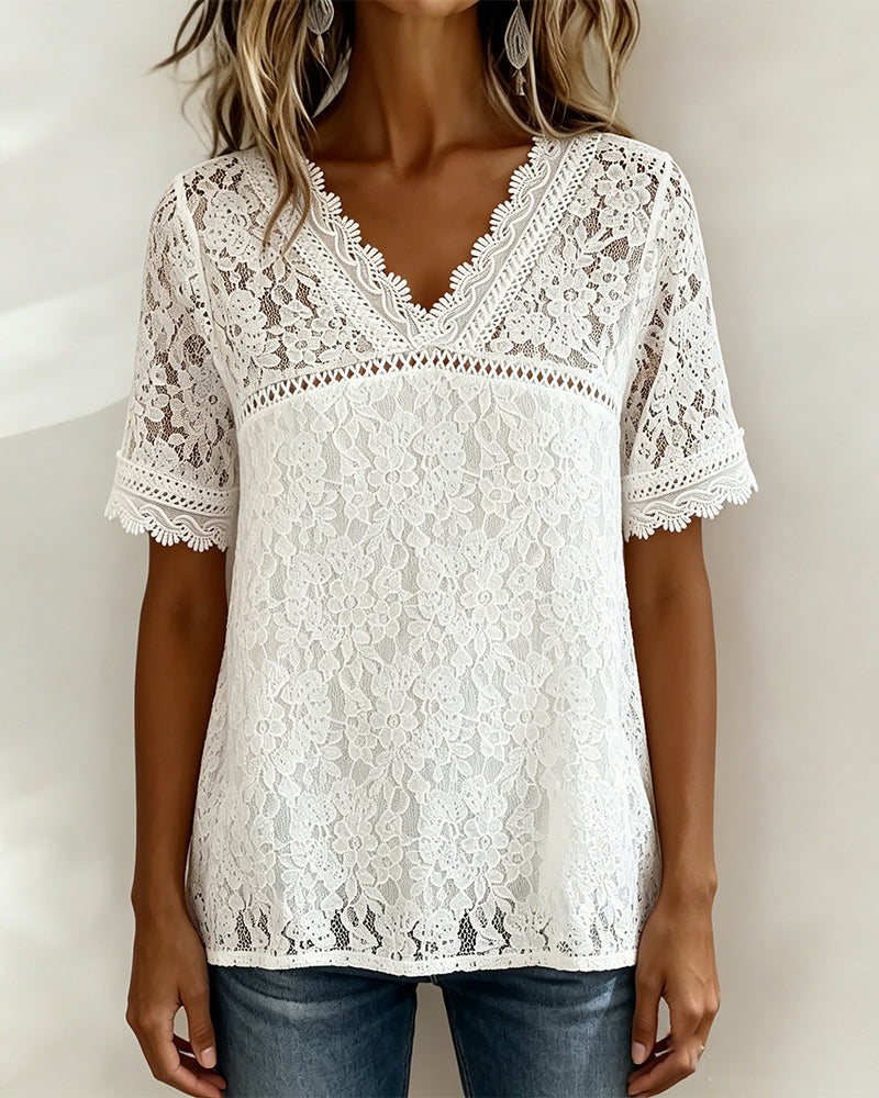 Blouse Uni Manches Courtes En Dentelle