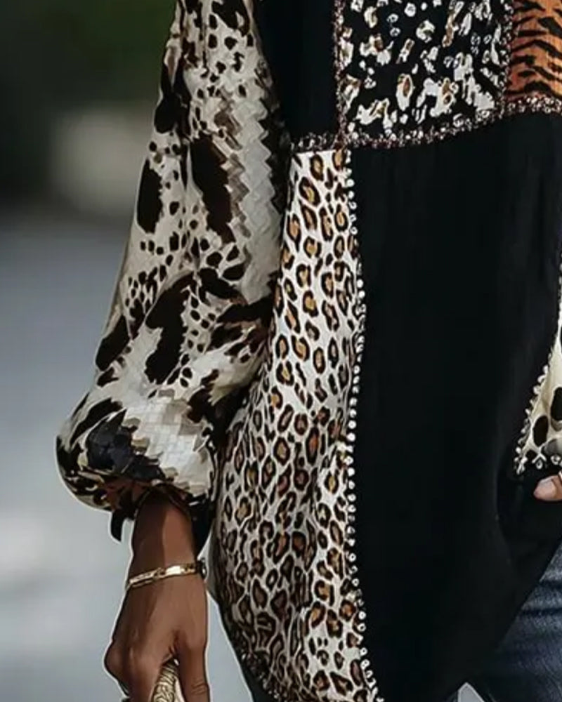 Blouse Col Rond Léopard Tigre Imprimé Contraste