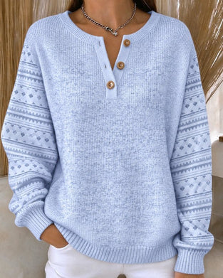 Sweat Col Rond Boutonné Rayé Loose