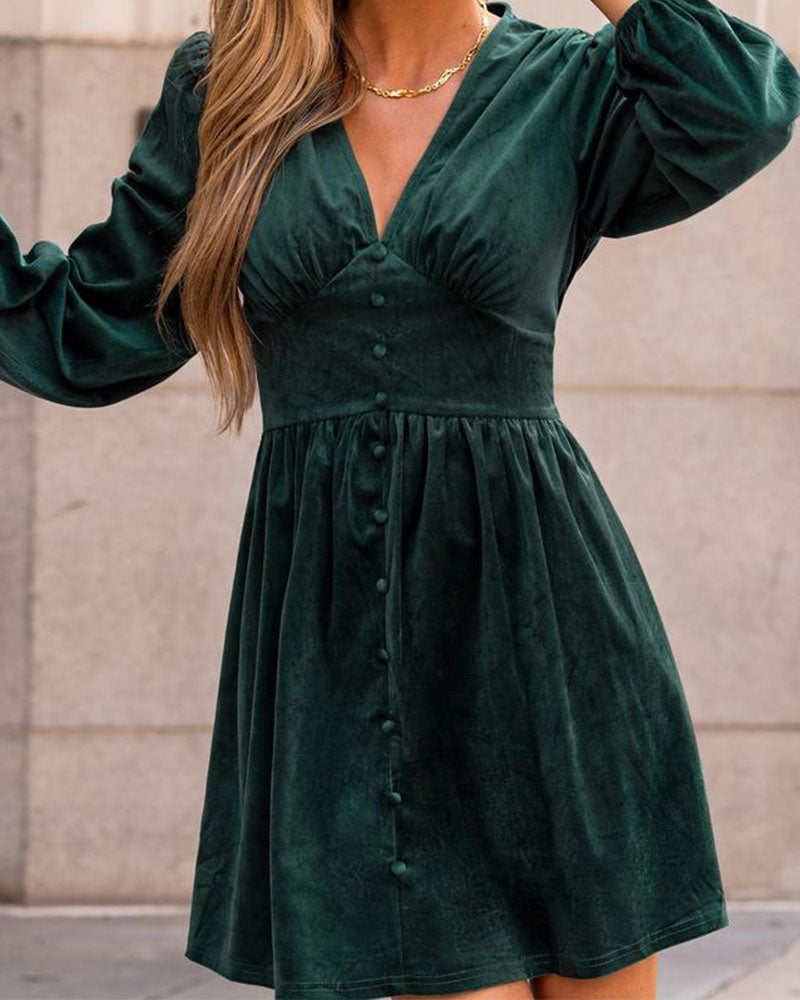Robe Boutonné Col En V Manche Bouffante Courte