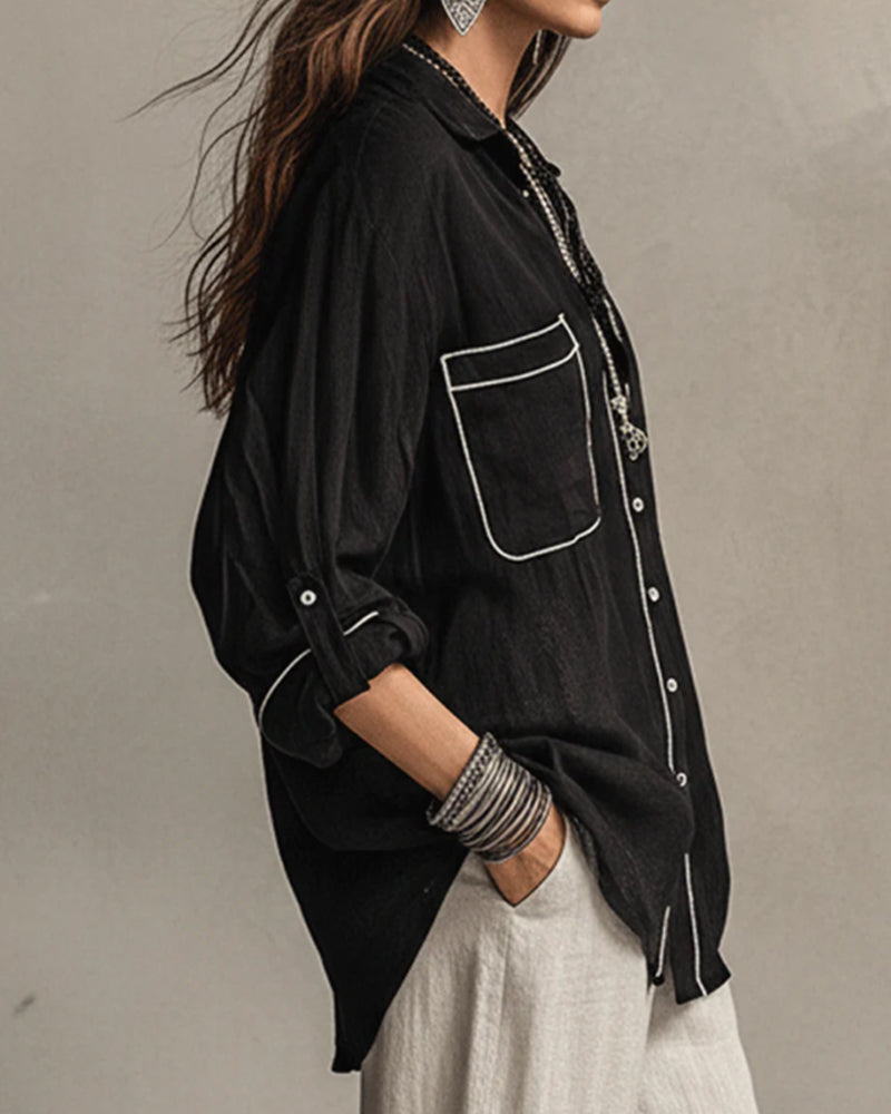 Chemise Col En V Contraste Ligne Décontractée