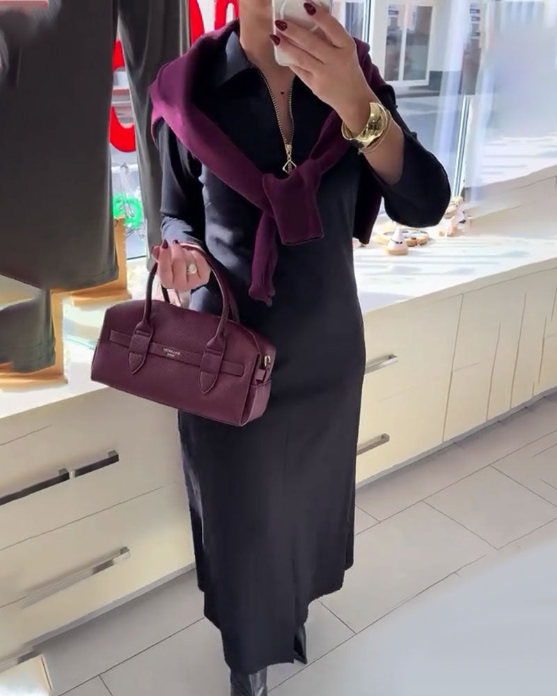 Robe Col Revers Fente Fermeture Éclair Manches Longues