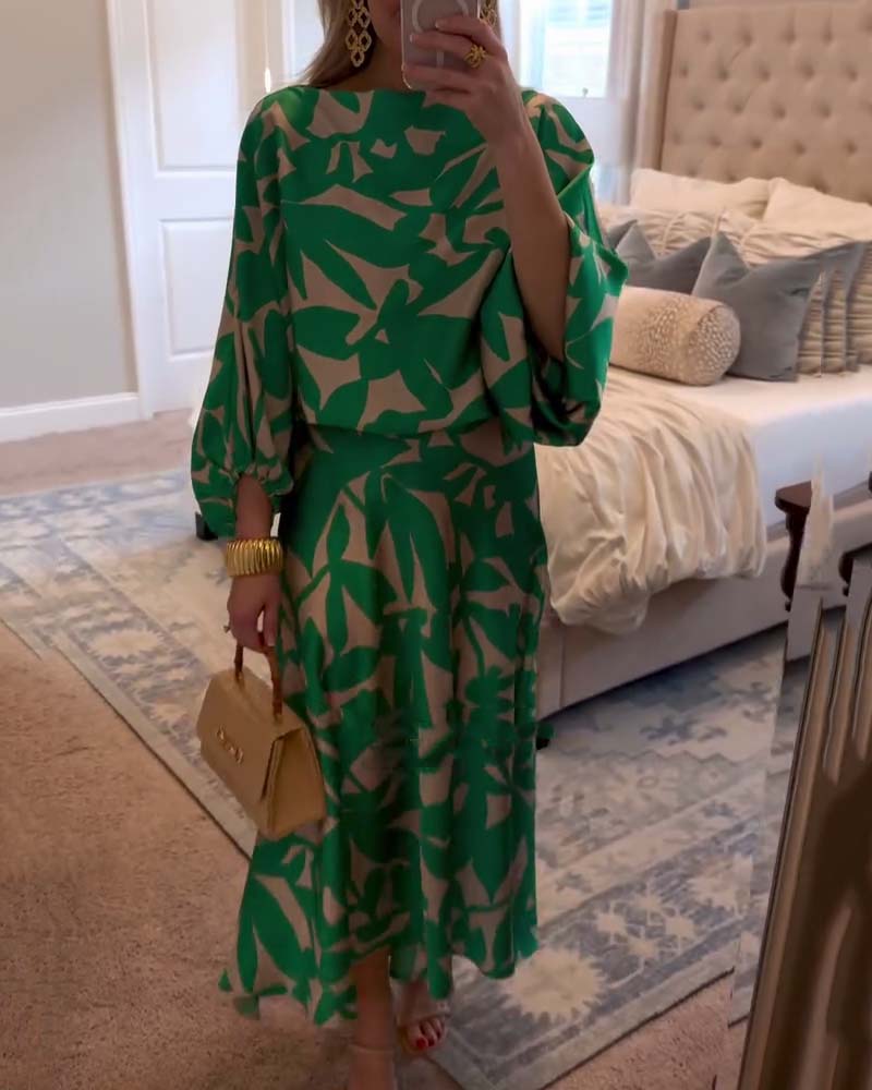 Ensemble Robe Décontractée Imprimé Manches Lanterne Tempérament