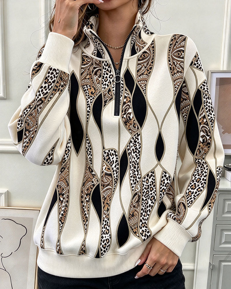 Sweatshirt Géométrique Paisley Demi Fermeture Éclair Col Montant