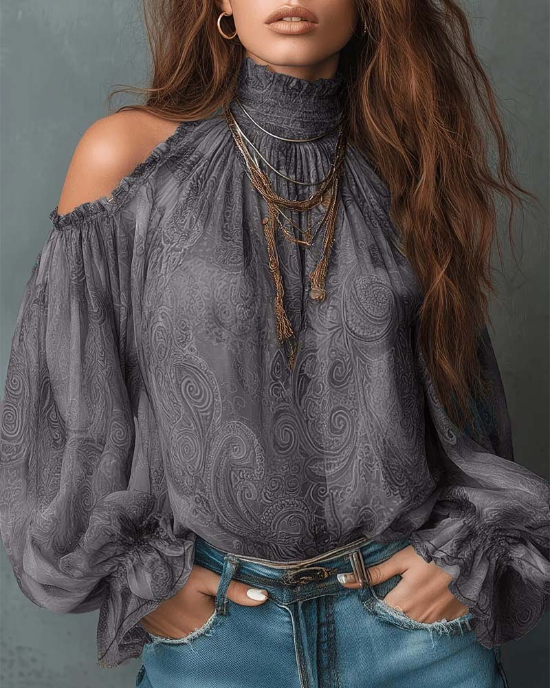 Blouse Imprimée Off-Épaule Col Mandarine