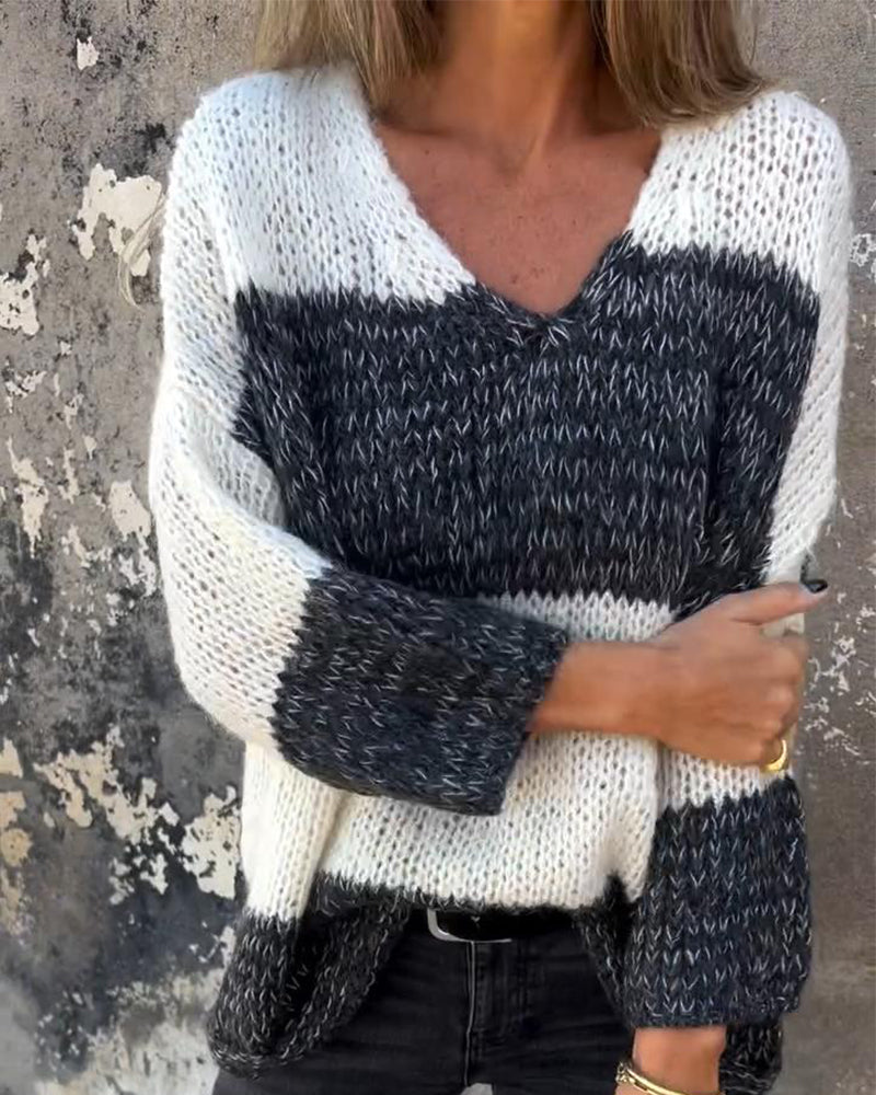 Pull décontracté à col en V contrasté