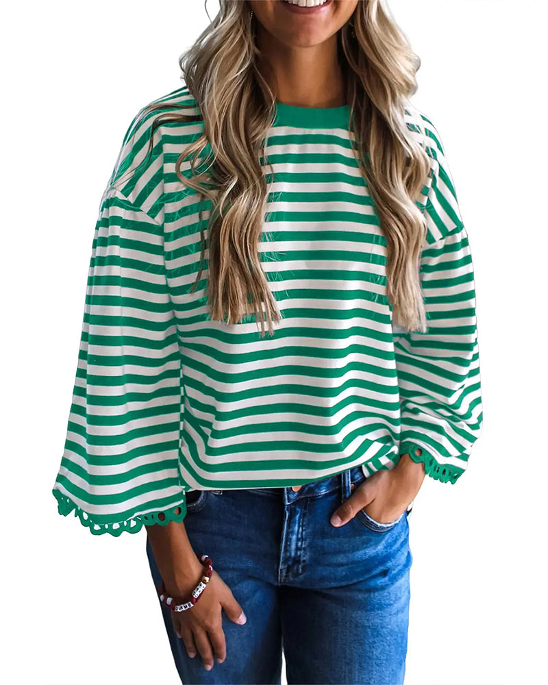 Blouse Col Rond Épaule Tombante Rayure Découpe