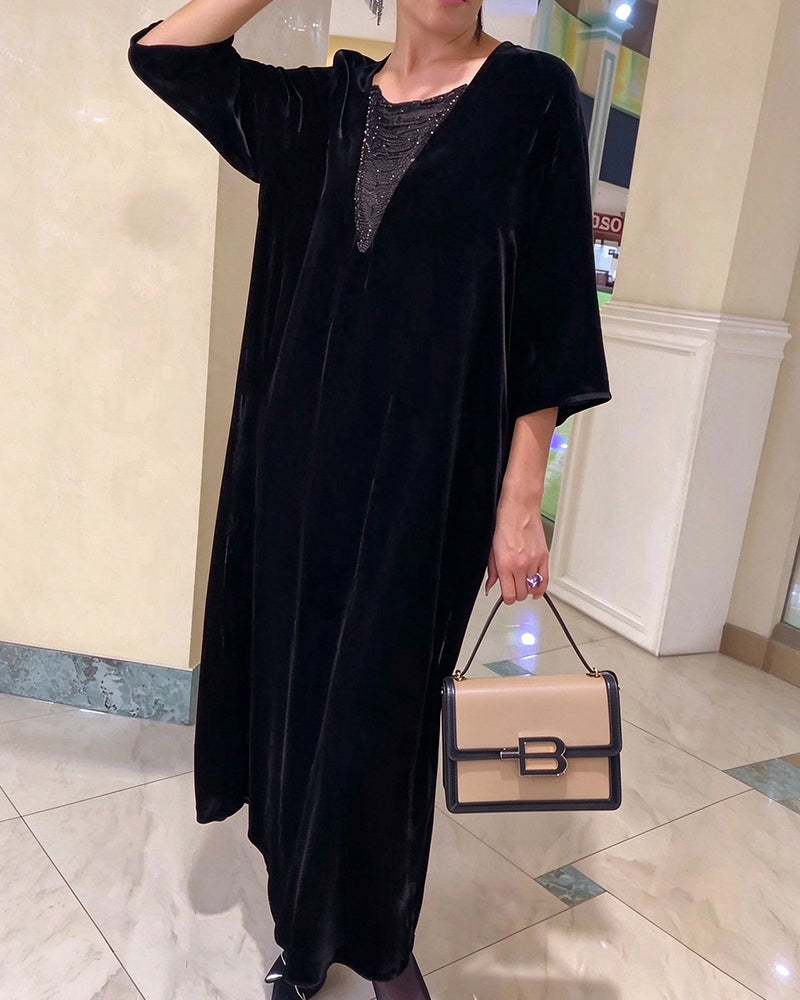 Robe Col En V Manche Mi-Longue Ample Évasée