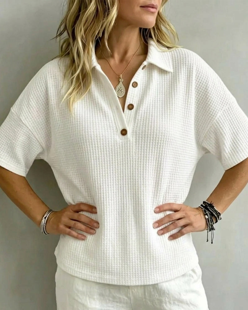 T-Shirt Boutons Devant Col En V Gaufré