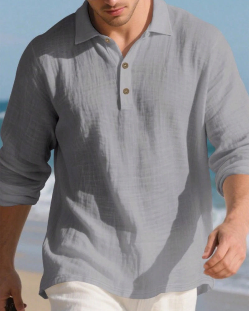 Chemise Homme Légère Coupe Ample Lin Manches Longues Polo