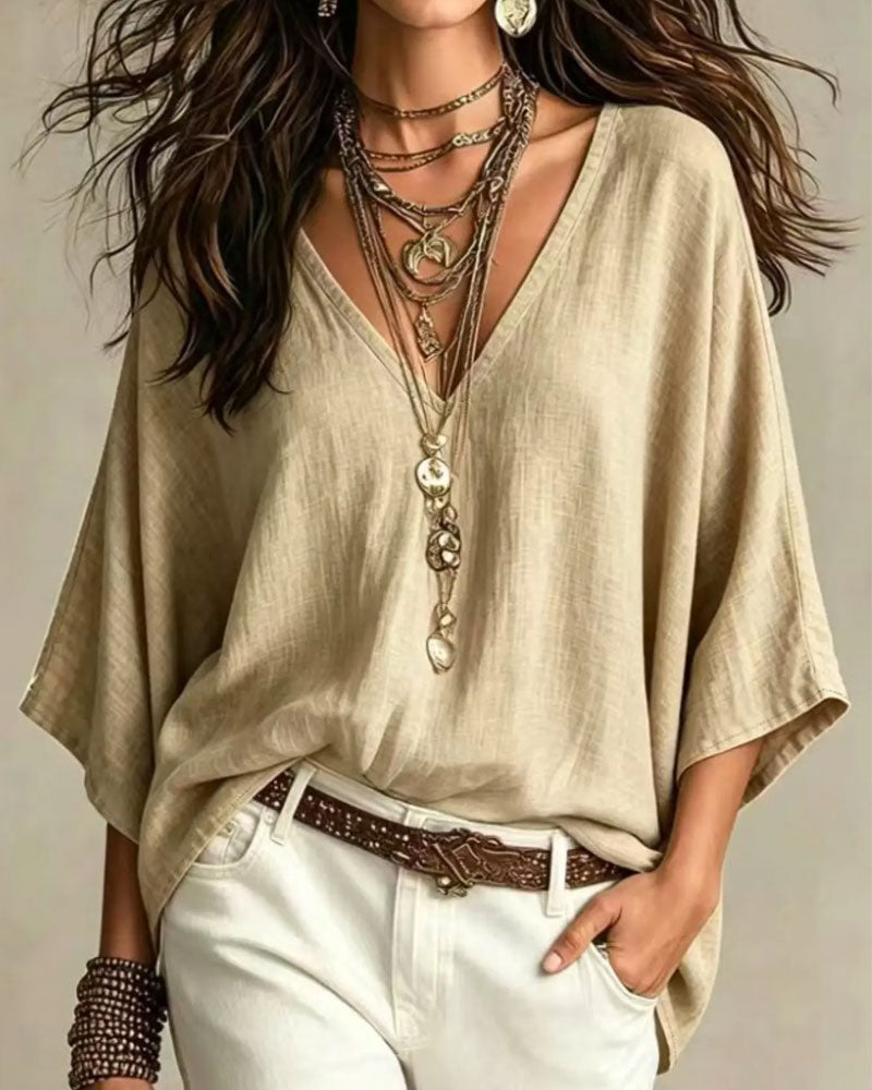 Blouse Col V Manches Trois-Quarts Lâche