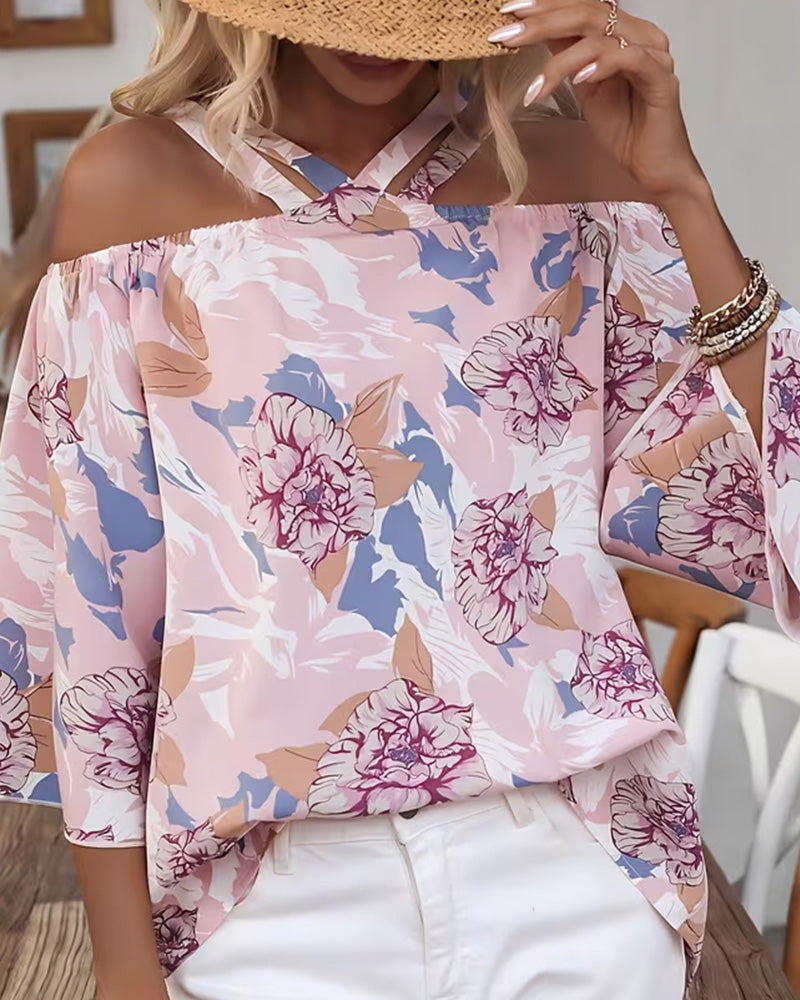 Blouse Florale Croix Off-Épaule
