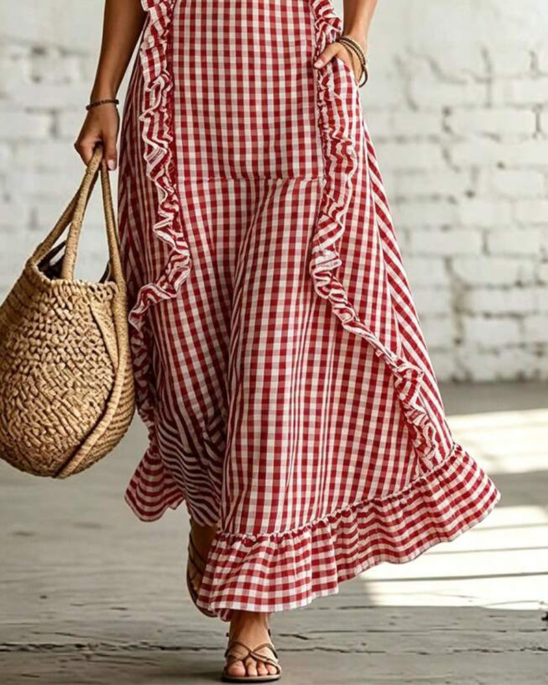 Robe Col V Volant Carreau Sans Manches Maxi