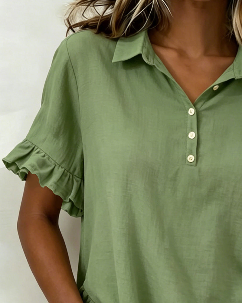Blouse Col Demi-Patron Manche Volantée