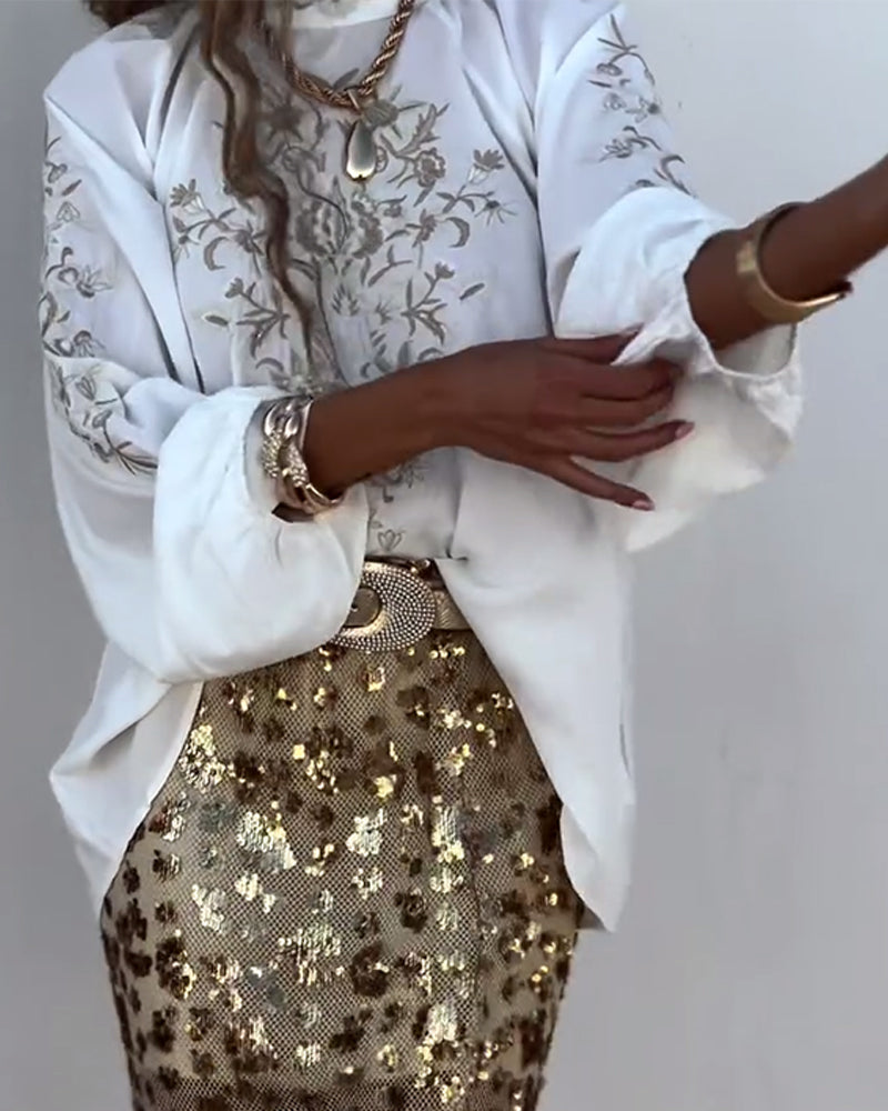 Blouse Pull Imprimé Manches Bouffantes