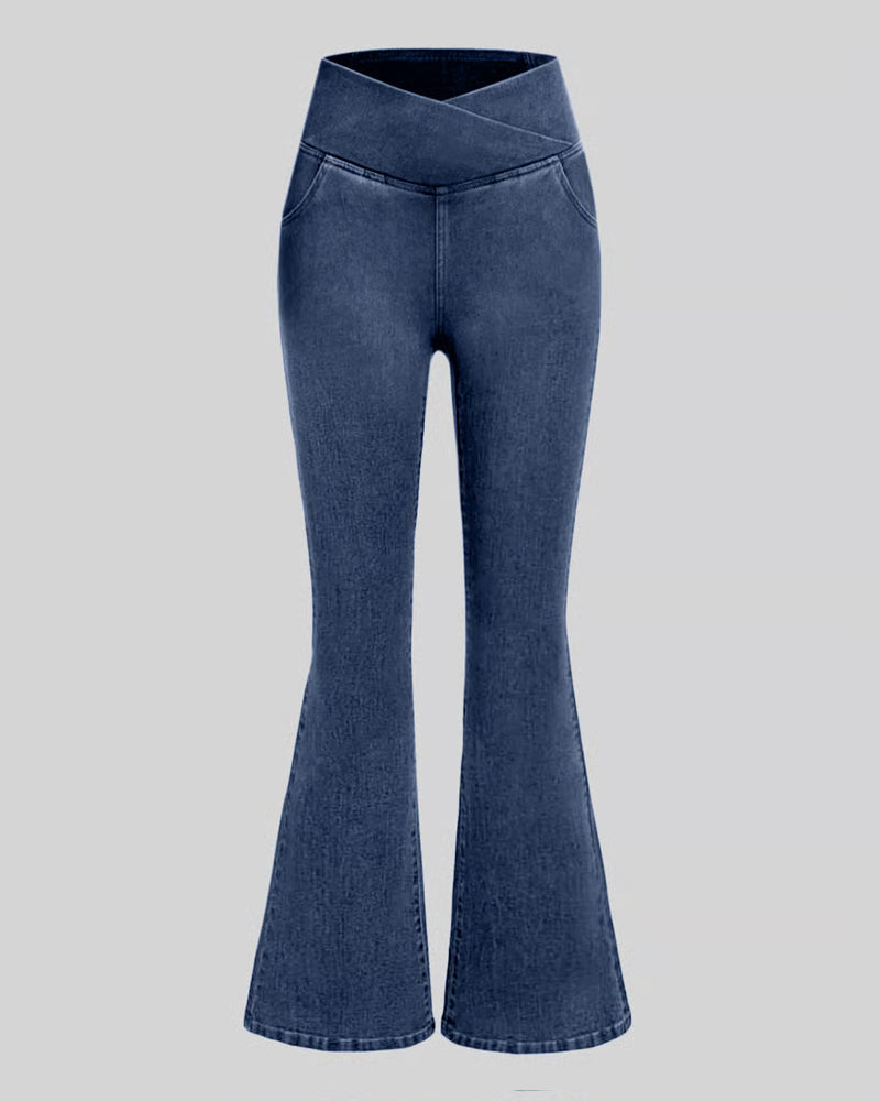 Pantalon Haute Élasticité Mode Poche Évasé