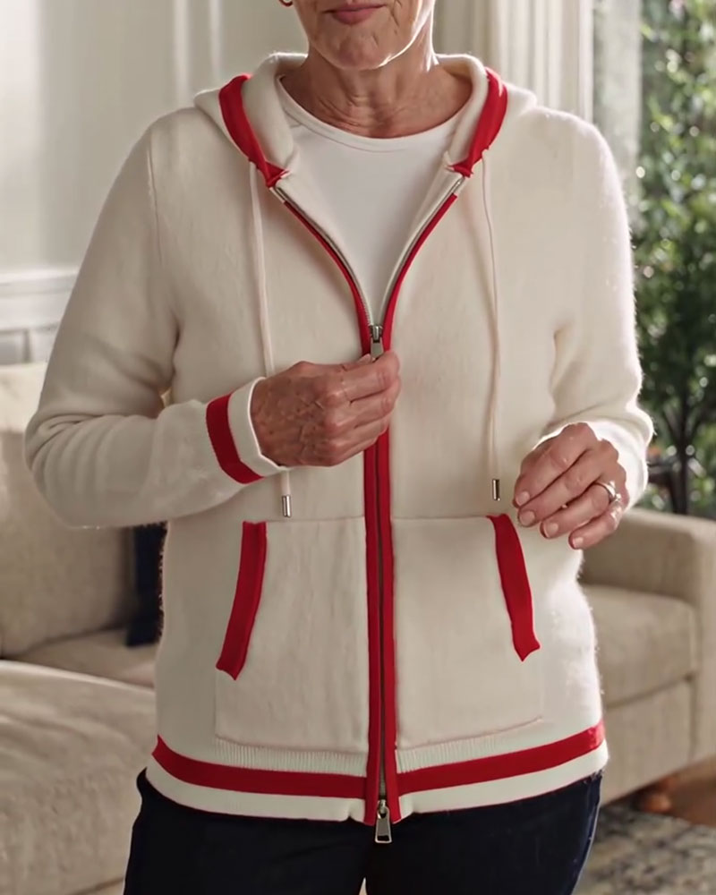Cardigan À Capuche Zip Complet Contraste Pull