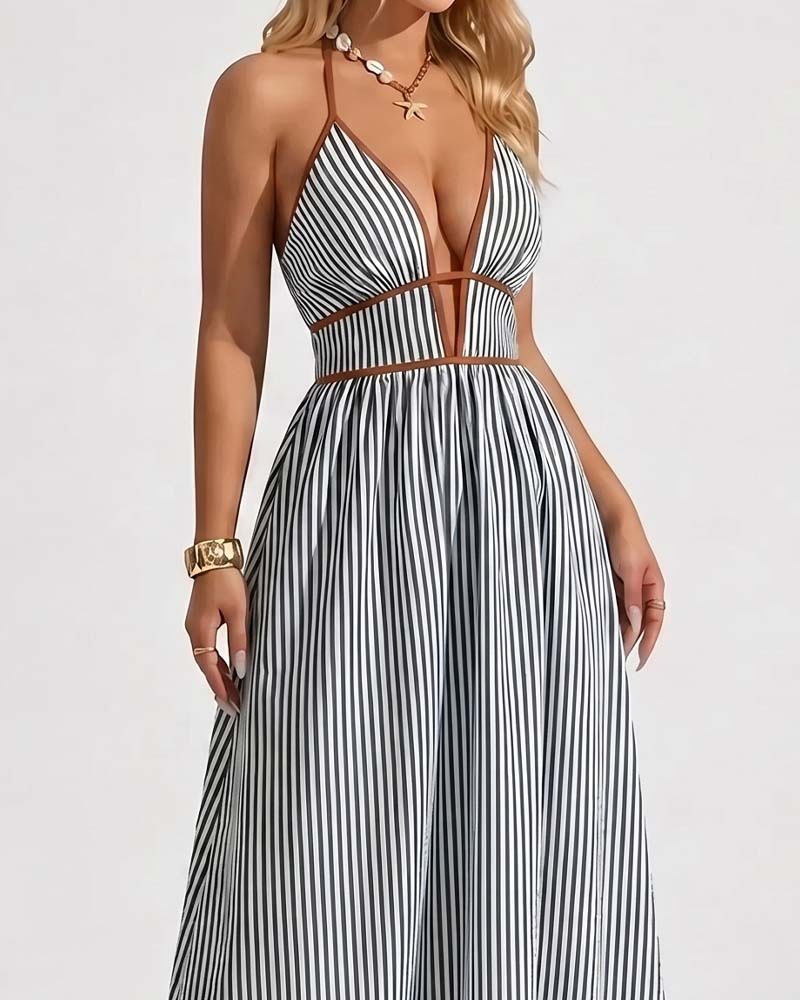 Robes Profond Col V Bretelle Spaghetti Rayure Longue