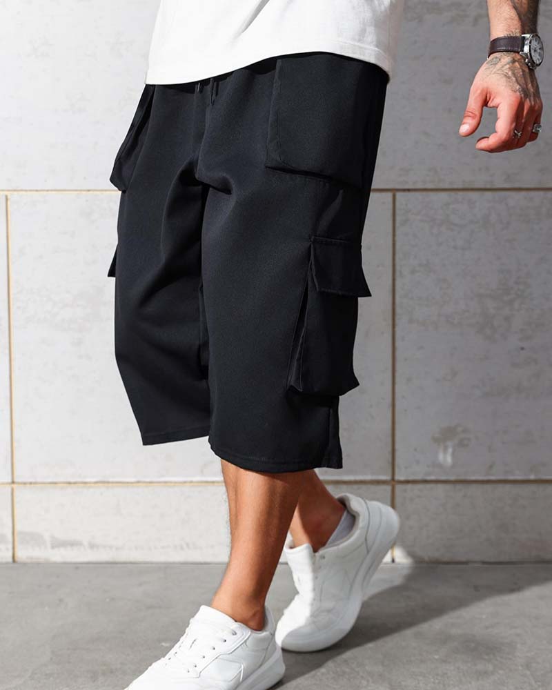 Pantalon Taille Élastique Poche Unie Cargo