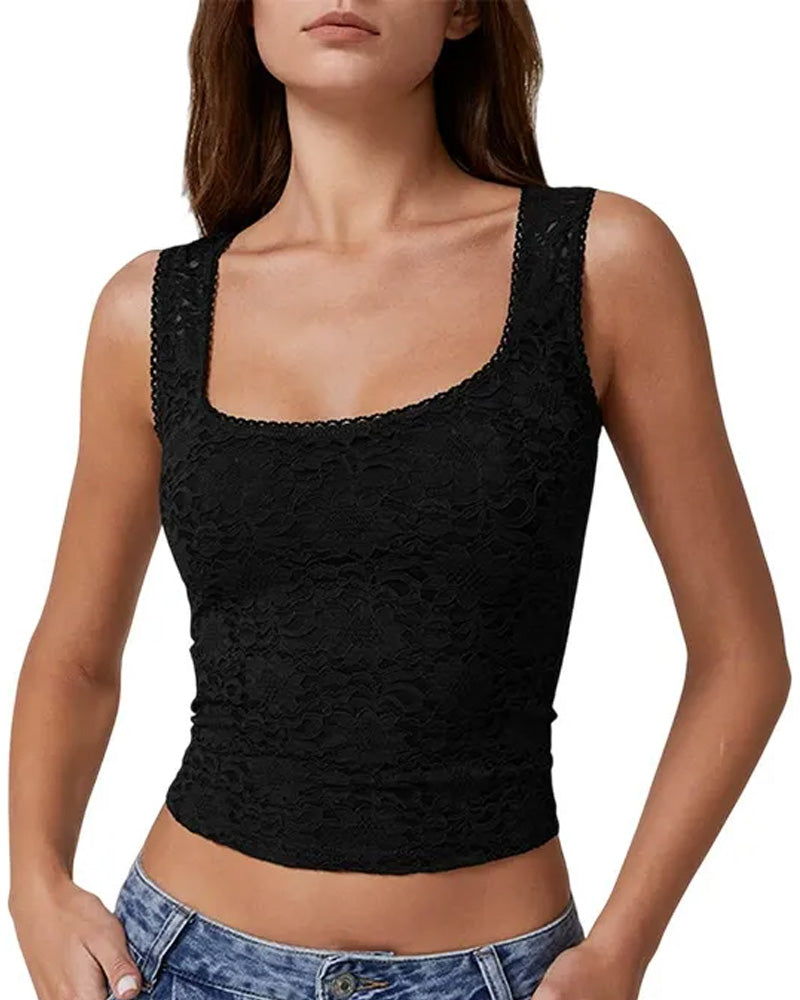 Tank Top Dentelle Garniture Col Carré Sans Manches