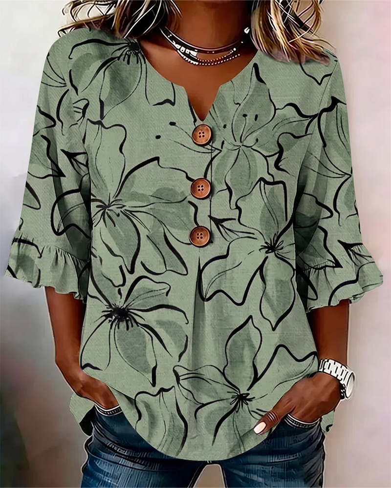 Blouse Col En V Fleuri Volant Manche 3/4